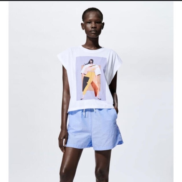 ZARA White Graphic T Shirt Size Large - Picture 1 of 7